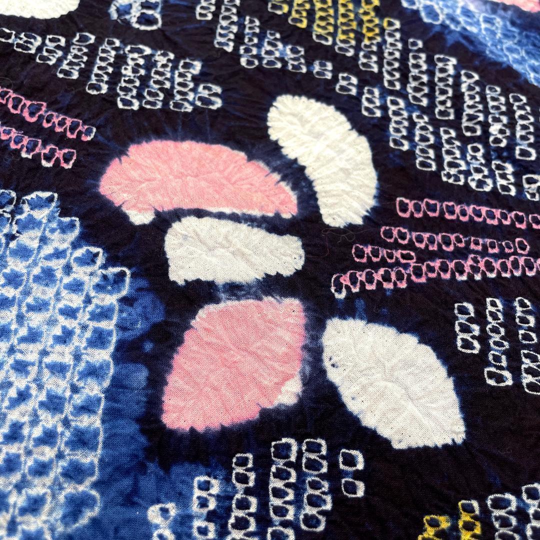 有松鳴海絞り 夏着物 浴衣 綿 菖蒲 水色 手縫い ビンテージ A-2390