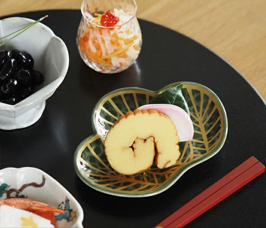 有田焼　幸楽窯　錦茶緑金松葉形前菜皿　銘々皿4点セット