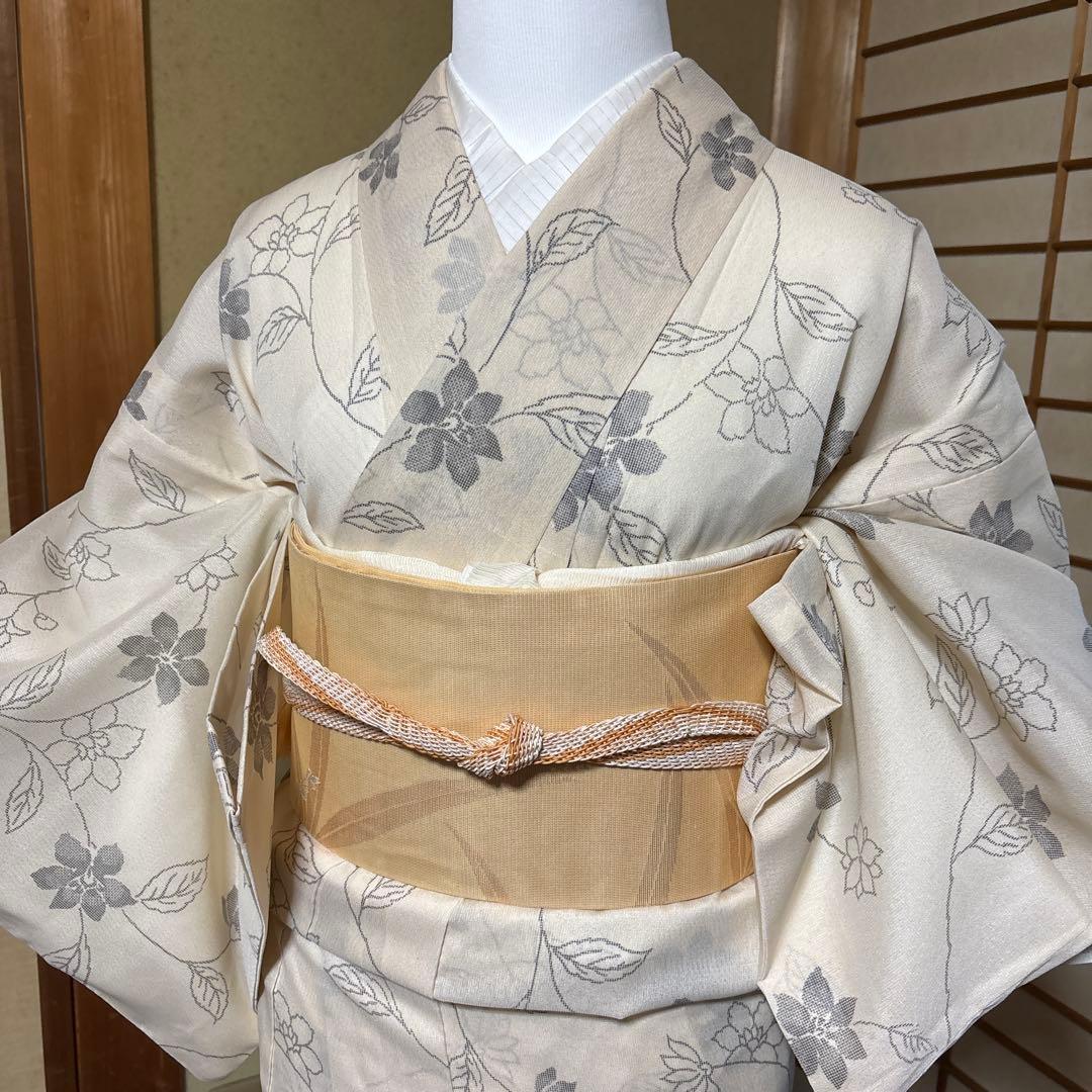 未使用級 美品 単衣　紗紬風　小紋 夏　フルセット 高級化繊