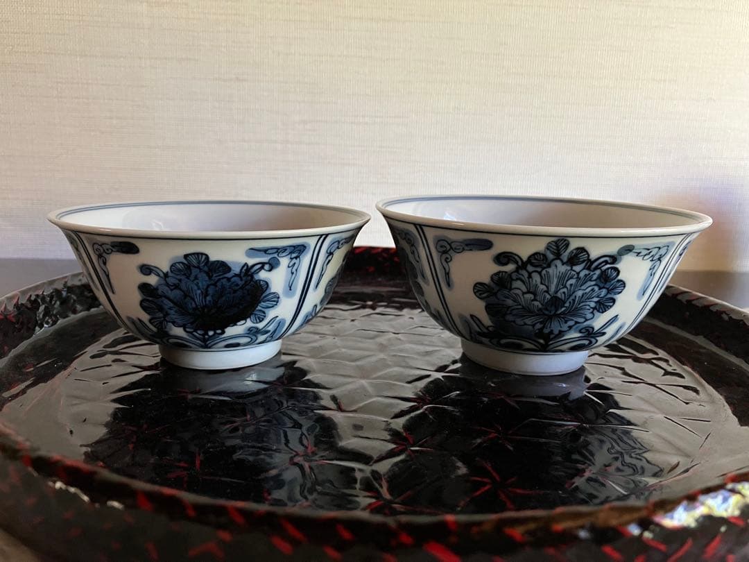 九谷焼　妙泉陶房　長左窯　山本長左 氏　染付　夫婦飯碗　ペアお碗　ご飯茶碗　２客