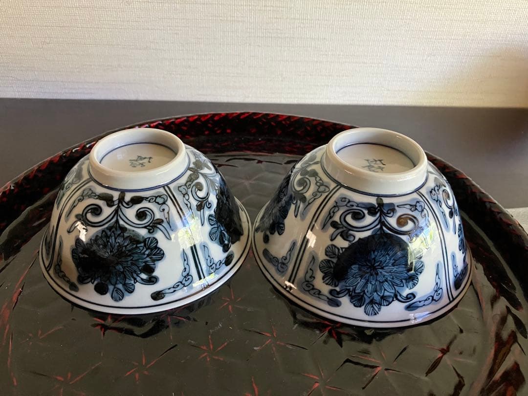 九谷焼　妙泉陶房　長左窯　山本長左 氏　染付　夫婦飯碗　ペアお碗　ご飯茶碗　２客