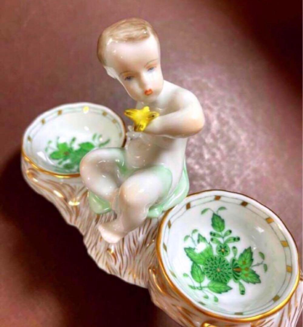 HEREND ヘレンドアポニーグリーンエンジェルセラーソルト＆ペッパー天使皿レア