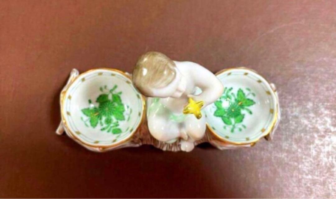 HEREND ヘレンドアポニーグリーンエンジェルセラーソルト＆ペッパー天使皿レア