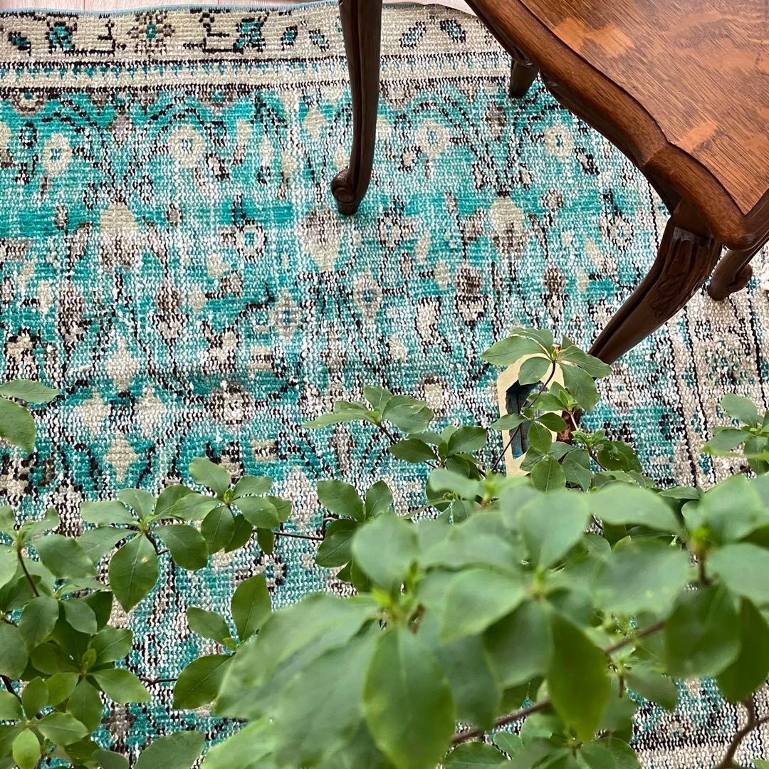 スカイブルー✳︎91×192✳︎ペールグレー　満載フラワー　トルコヴィンテージラグ