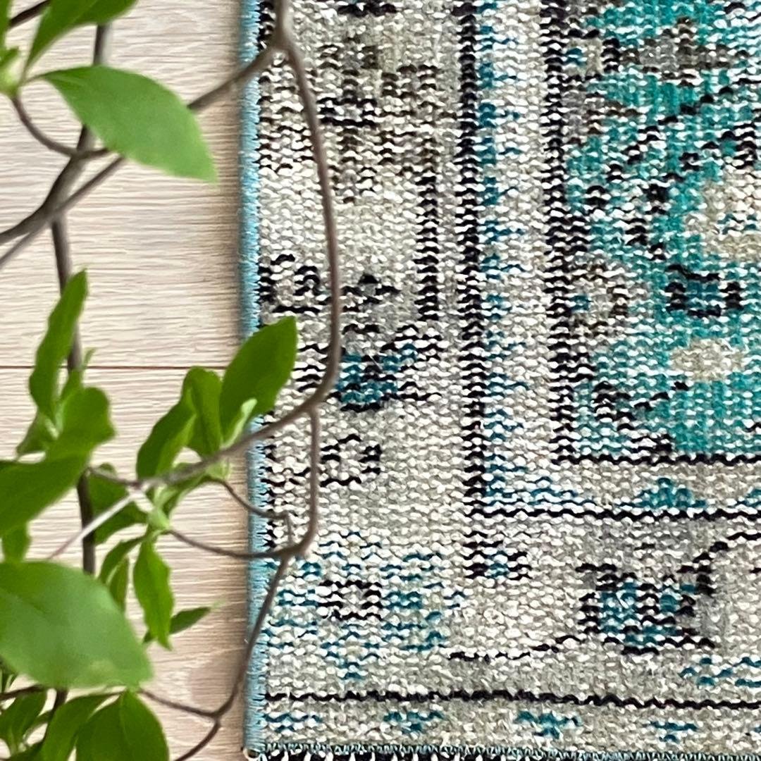 スカイブルー✳︎91×192✳︎ペールグレー　満載フラワー　トルコヴィンテージラグ