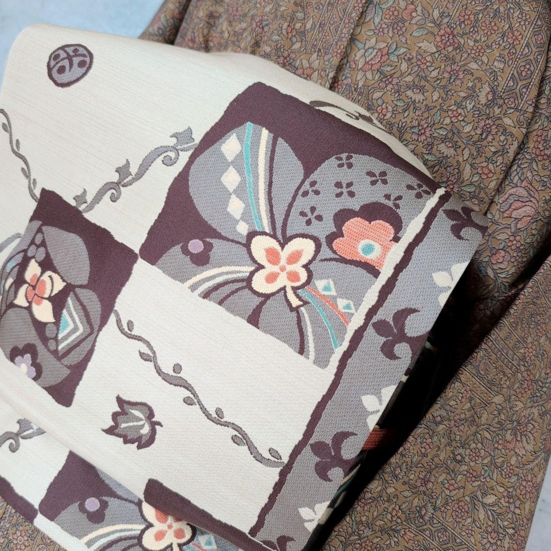 小紋付け下げ　フルセット　着物　正絹　ブラウン　深緑　更紗　花　しつけ糸　F6