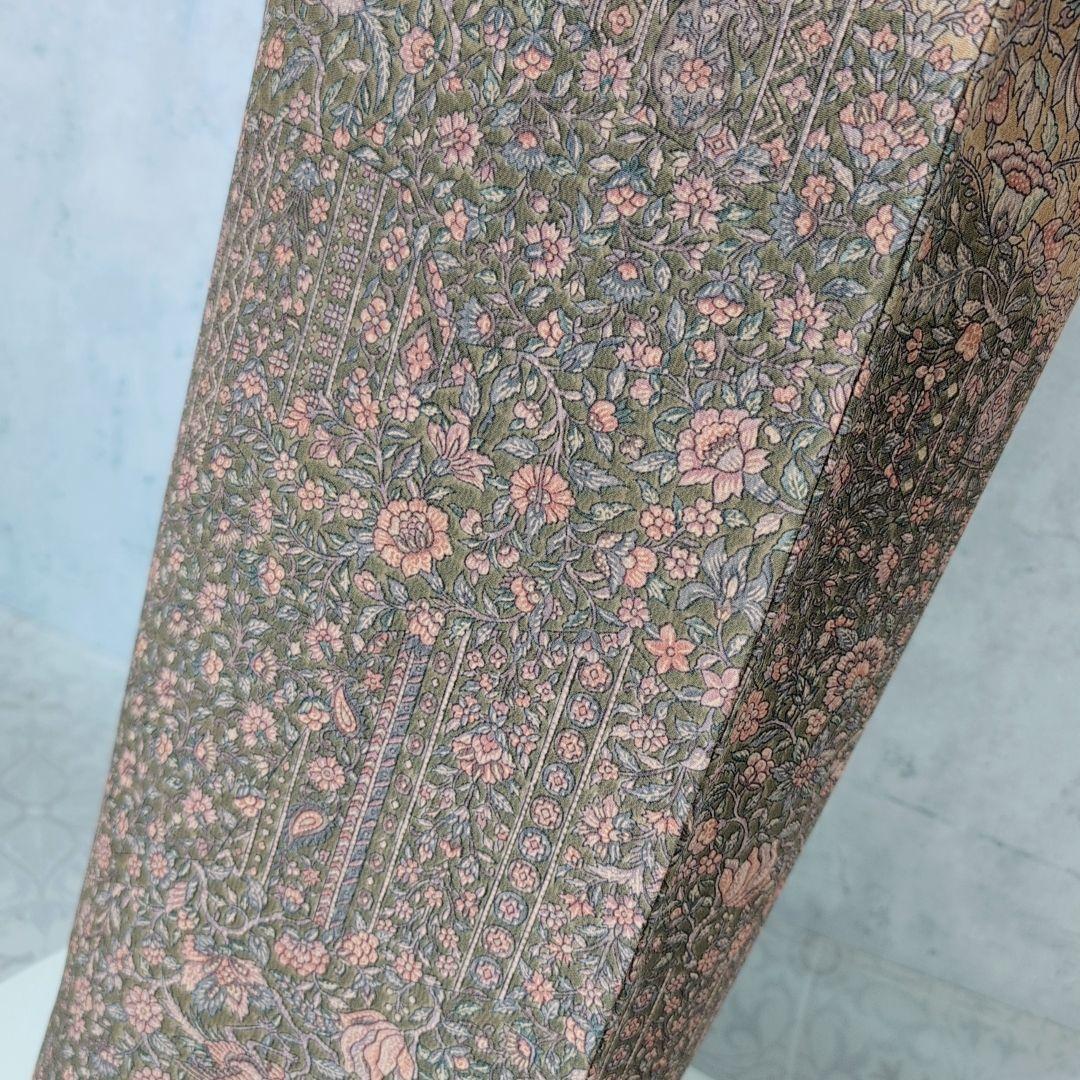 小紋付け下げ　フルセット　着物　正絹　ブラウン　深緑　更紗　花　しつけ糸　F6