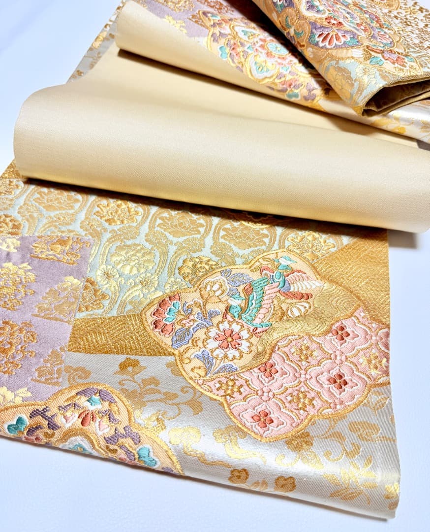 高級 袋帯 正絹 六通柄 西陣織 花文様 ゴールド 唐織 訪問着 色無地 留袖