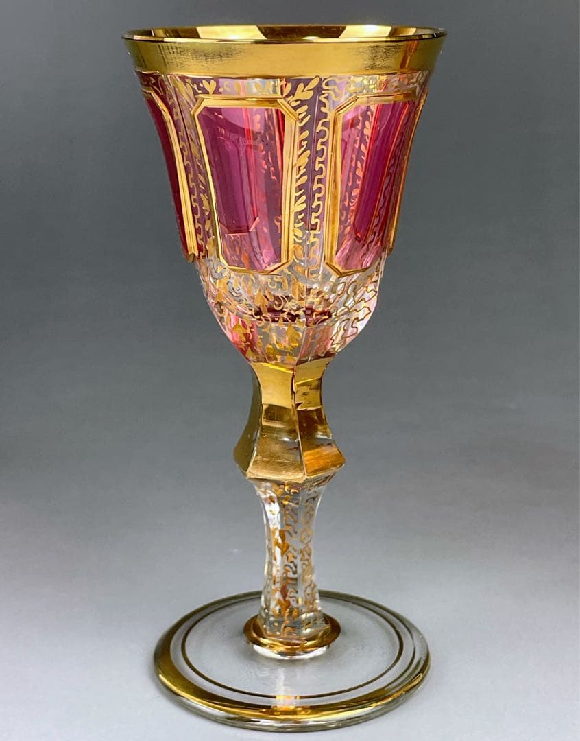 ボヘミア パネルグラス ２個セット クランベリー被せ ワイングラス クサック