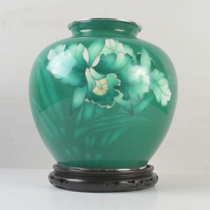 七宝焼　緑釉　花文　花瓶　唐木台付　共箱　V　9833A