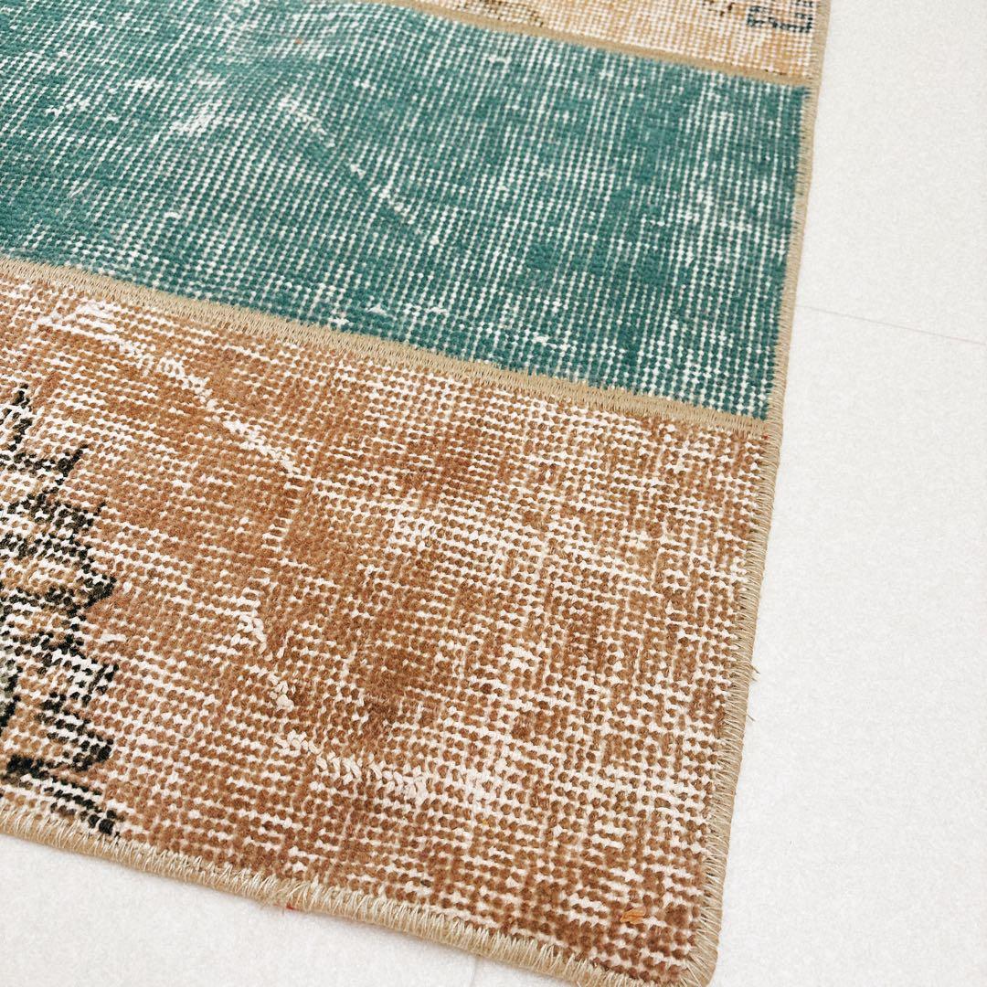 トルコ　ヴィンテージ　ラグ　パッチワーク　グリーン　ベージュ