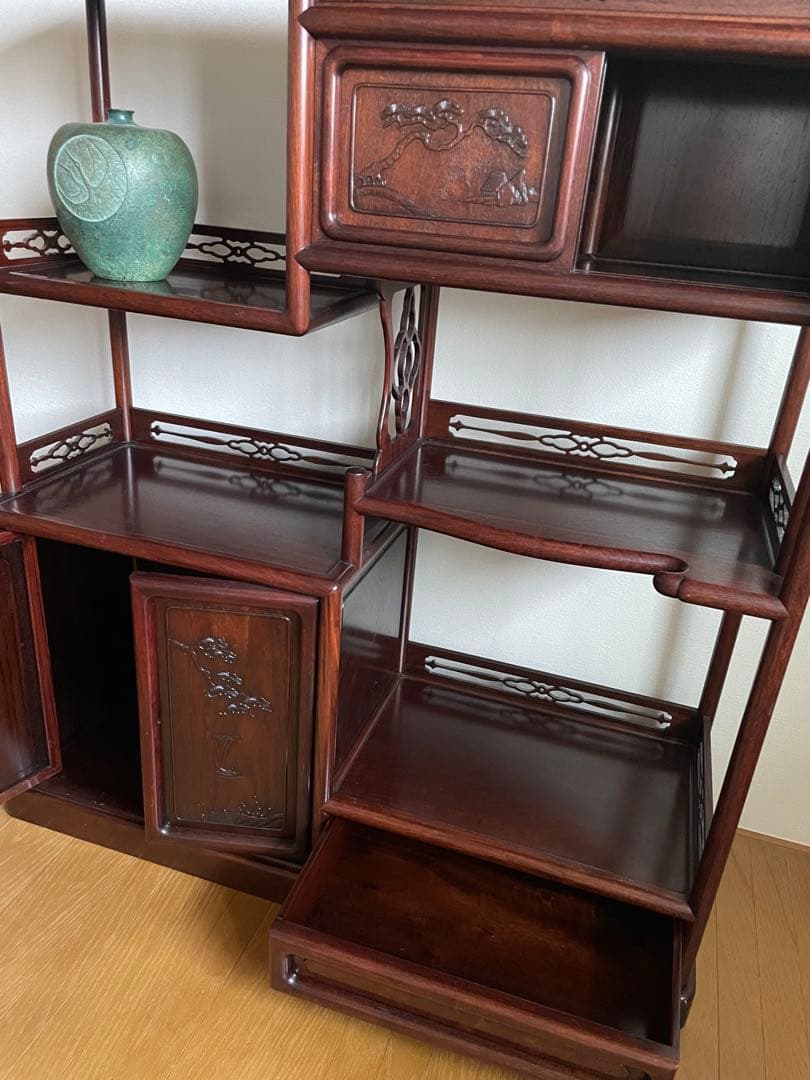 【匿名送料込み】天然木 茶棚 和風 古道具 和室家具 唐草透彫 高級家具