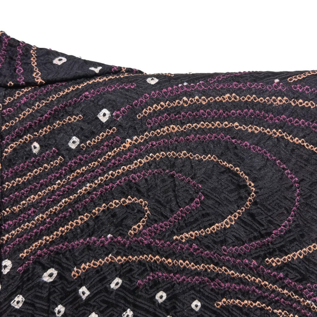 小紋　総絞り　流水　鹿の子　ブラック　黒地　お洒落　着物　124a d