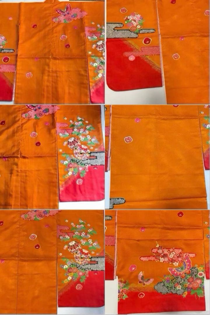 縁起の良い扇柄の七五三 7歳 着物 袋帯 長襦袢 小物セット オレンジ グリーン