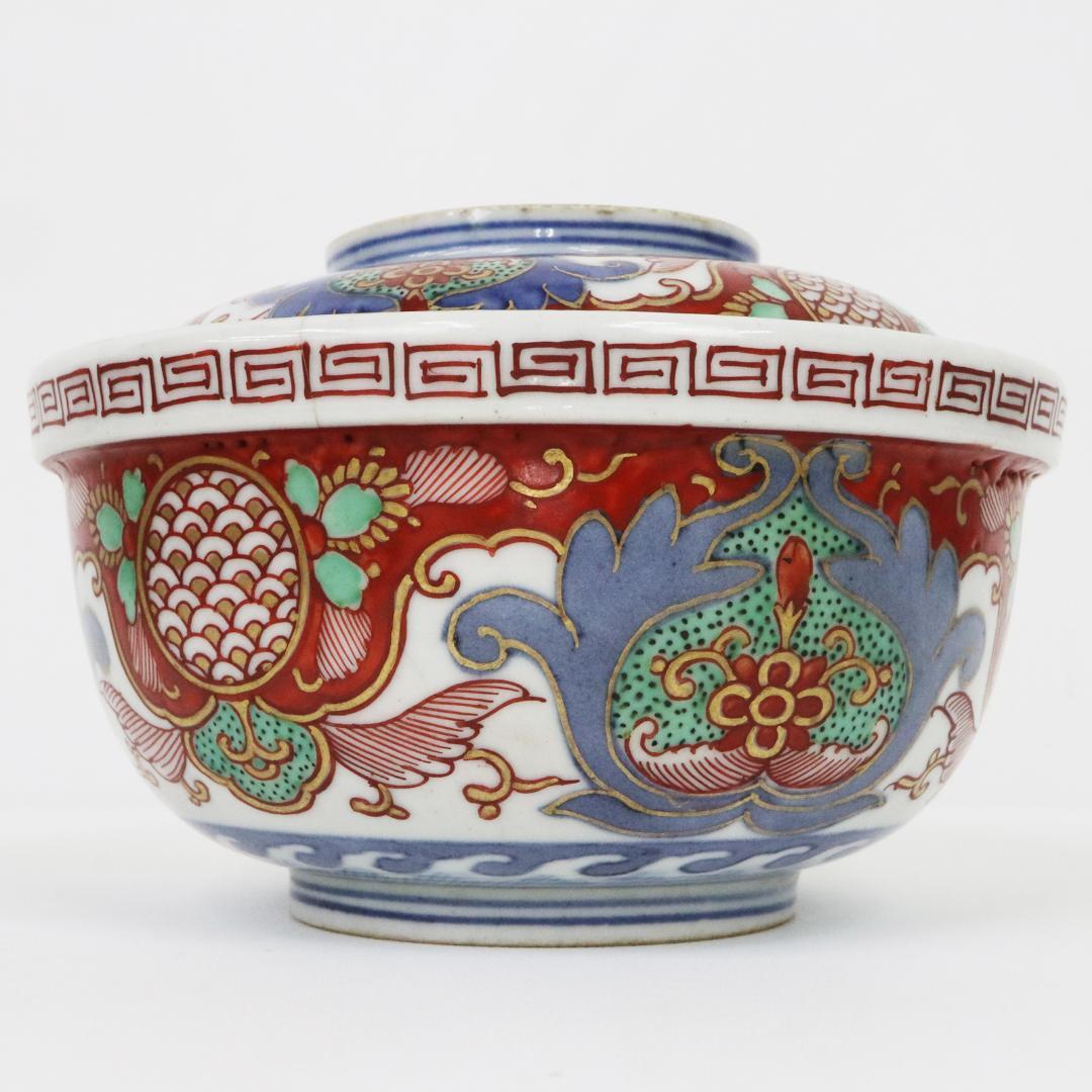 冨貴長春　蓋付茶碗　錦絵 染付 金彩 古伊万里　7客　吉祥　1客に金継ぎ有り