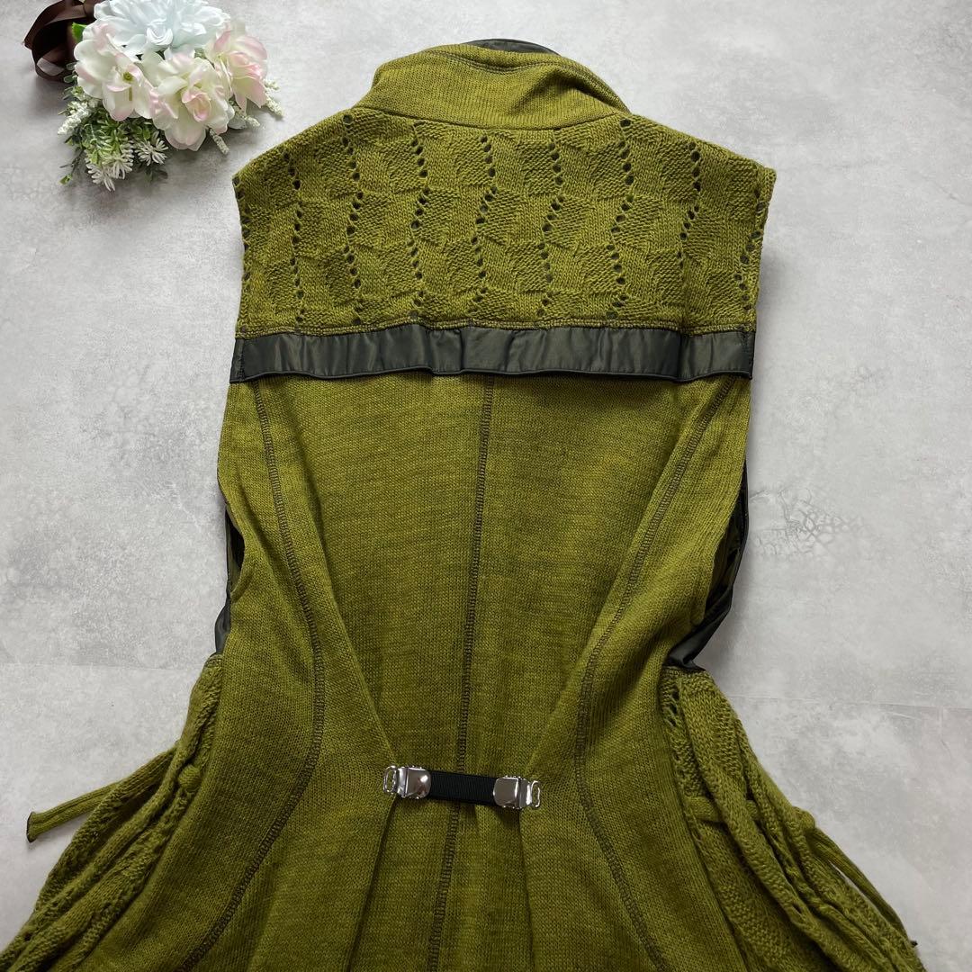 お洒落✨エイココンドウ ロングワンピース ロングジレ グリーン ニット 異素材