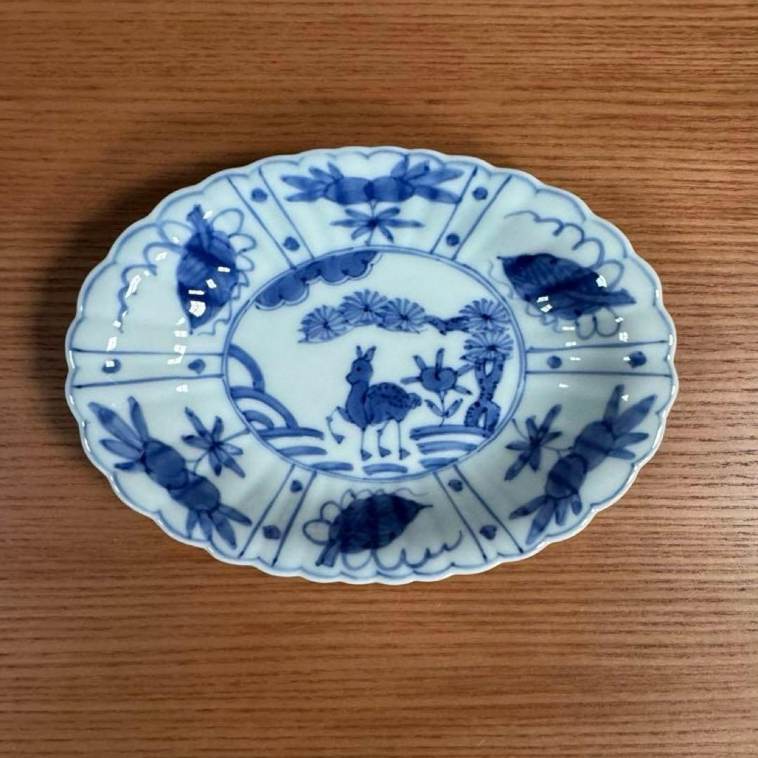 有田焼 渓山窯 染付 菊型小判皿 2柄セット☆
