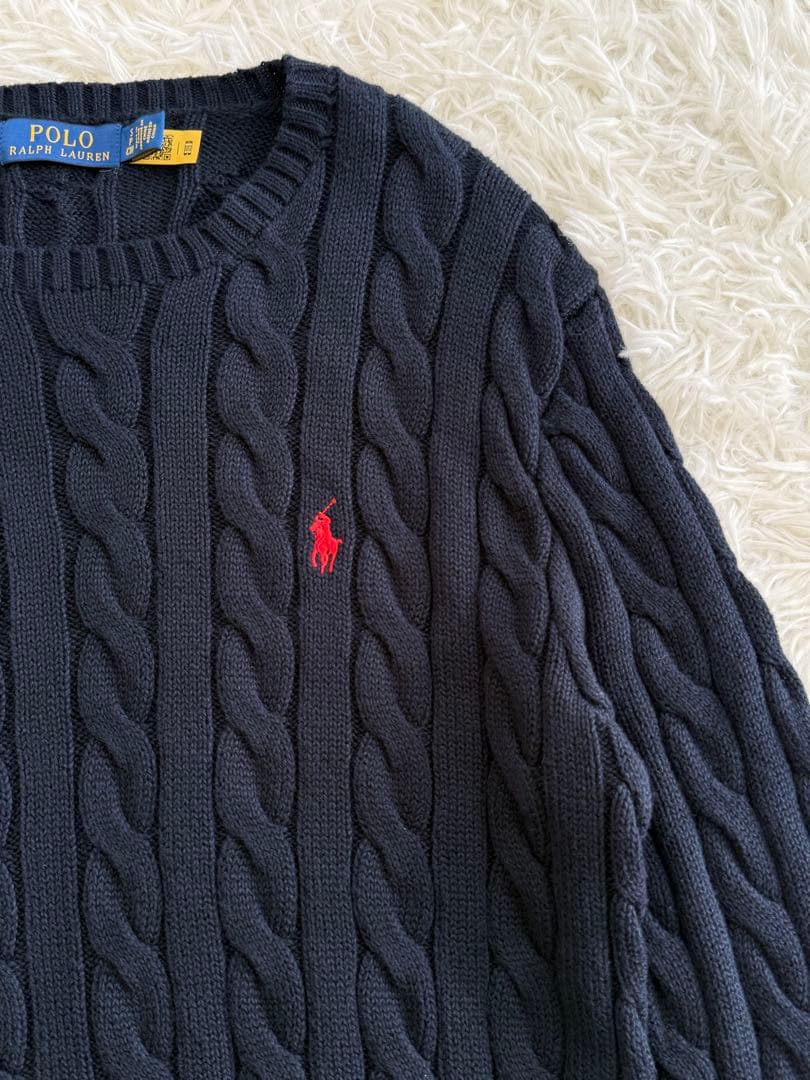 現行 ポロラルフローレン ケーブルニット メンズS ユニセックス 濃紺 ネイビー