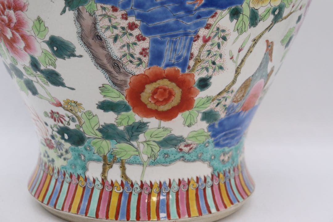 中国　粉彩雉鳥牡丹紋大瓶　高さ35cm 送料込み251107