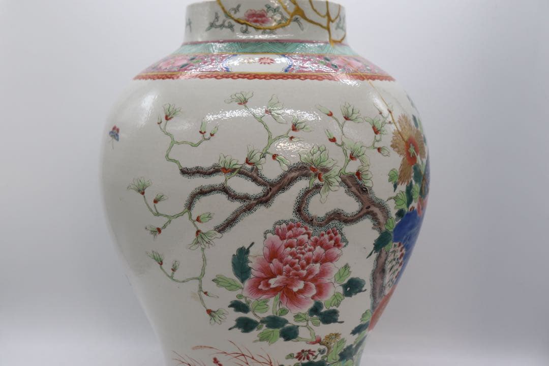中国　粉彩雉鳥牡丹紋大瓶　高さ35cm 送料込み251107