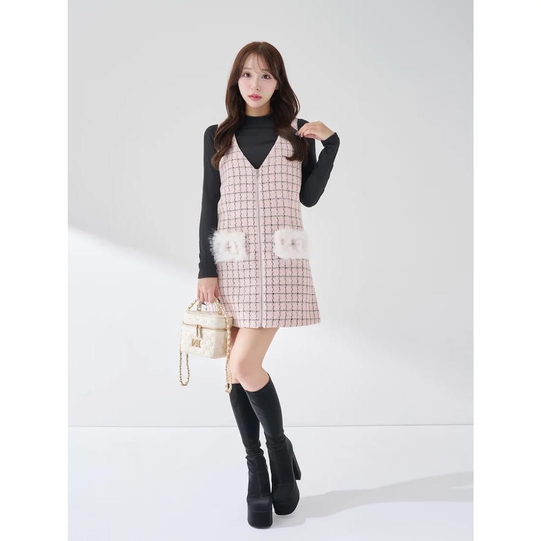 新品タグ付 ダーリッチ フロントファスナーツイードミニワンピース ピンク フリー