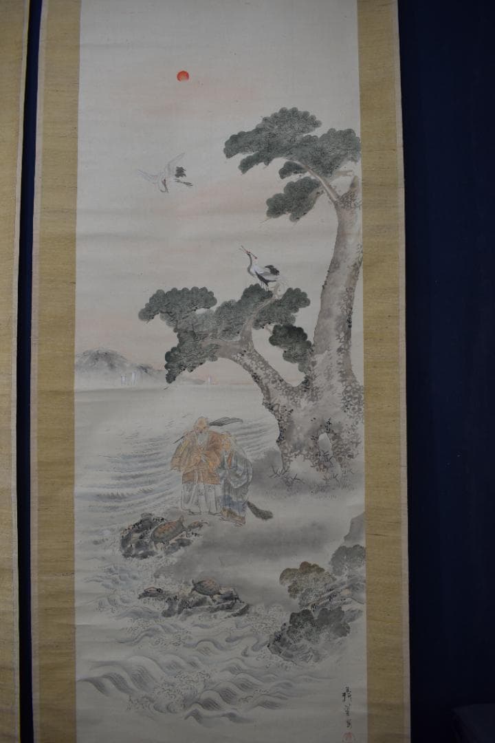 【真作】柴田義薫/春景嵐山山水図/高砂之図/双幅/掛軸☆宝船☆Y-962　JM