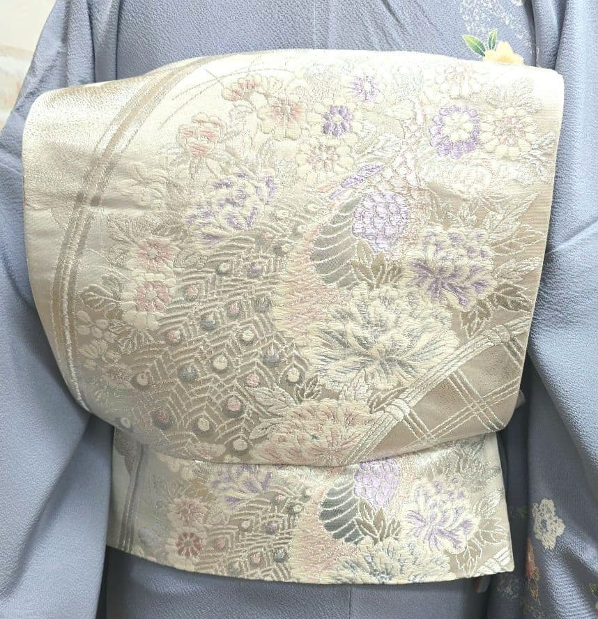 青紫色桜訪問着と袋帯・帯揚げ帯締めの4点フルセット