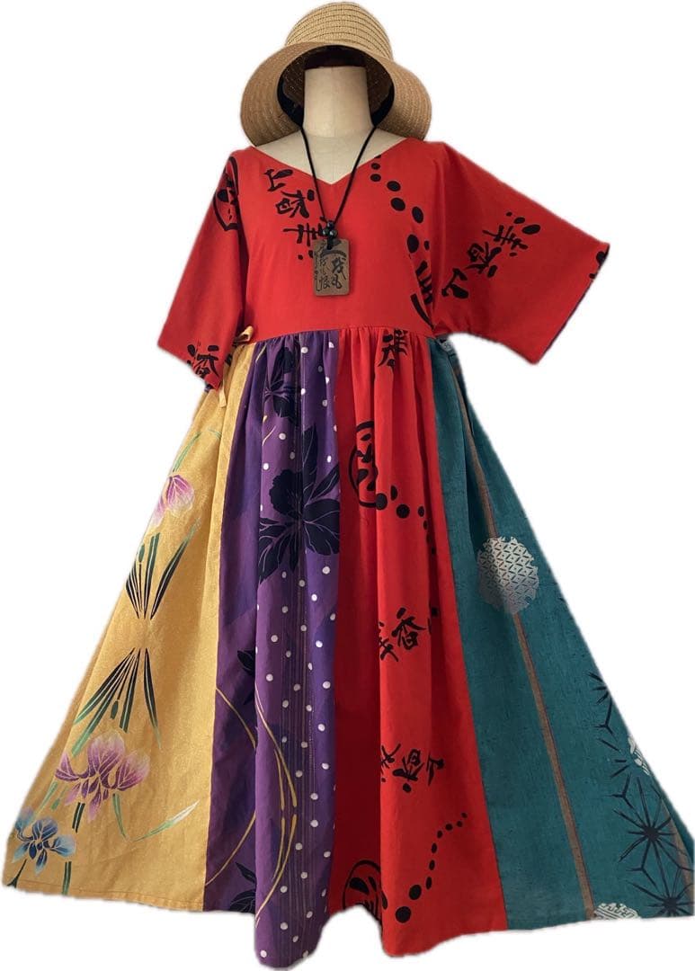 アジア風デザインのロングドレス浴衣リメイクワンピース
