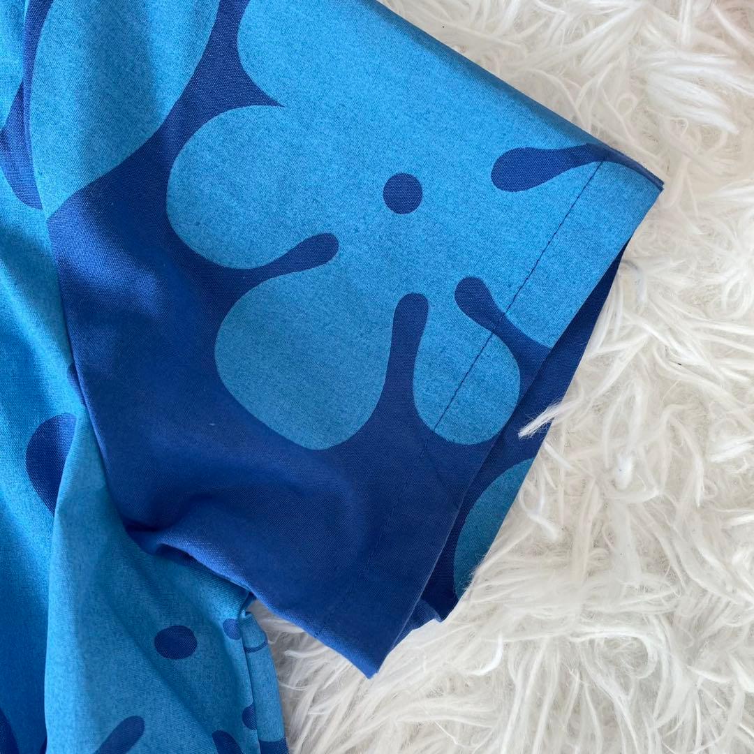 美品ハワイ製生地Mahaloロングワンピース南国モンステラパイナップル青リゾート