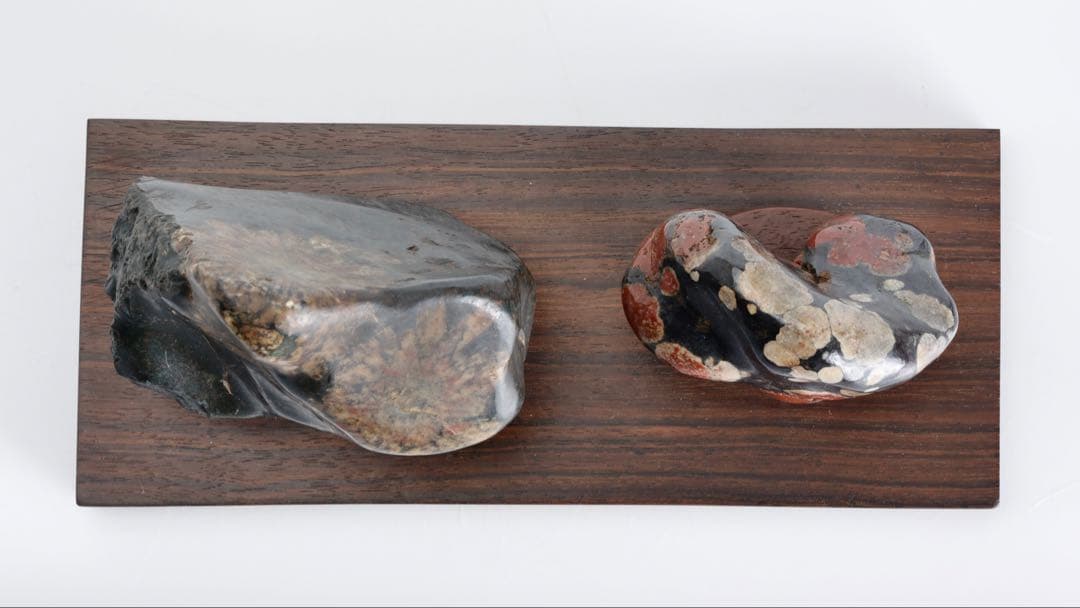 根尾川産 菊花石 二石組 台座 共箱付 鑑賞石 原石 天然石 盆石 飾石 美術品