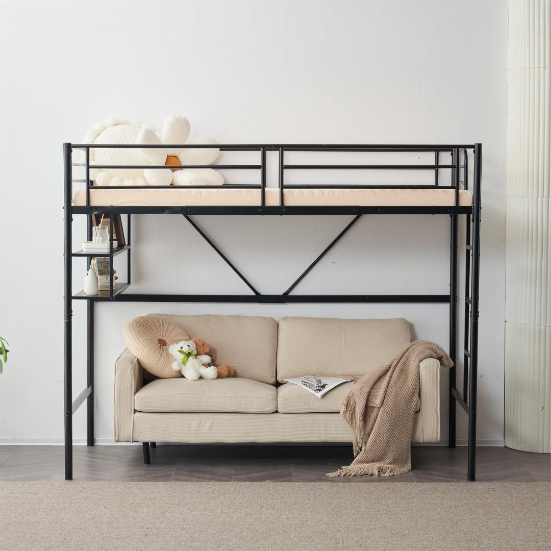 超人気！ロフトベッド パイプベッド サイド棚付　子供部屋 耐震 BLACK