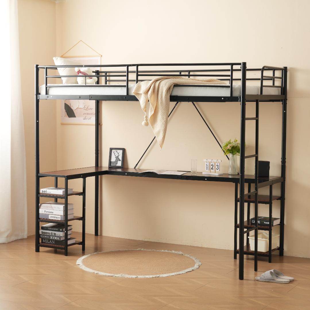 ロフトベッド パイプベッド シングル デスク付き 収納棚 ハシゴ付き 左右入れ替