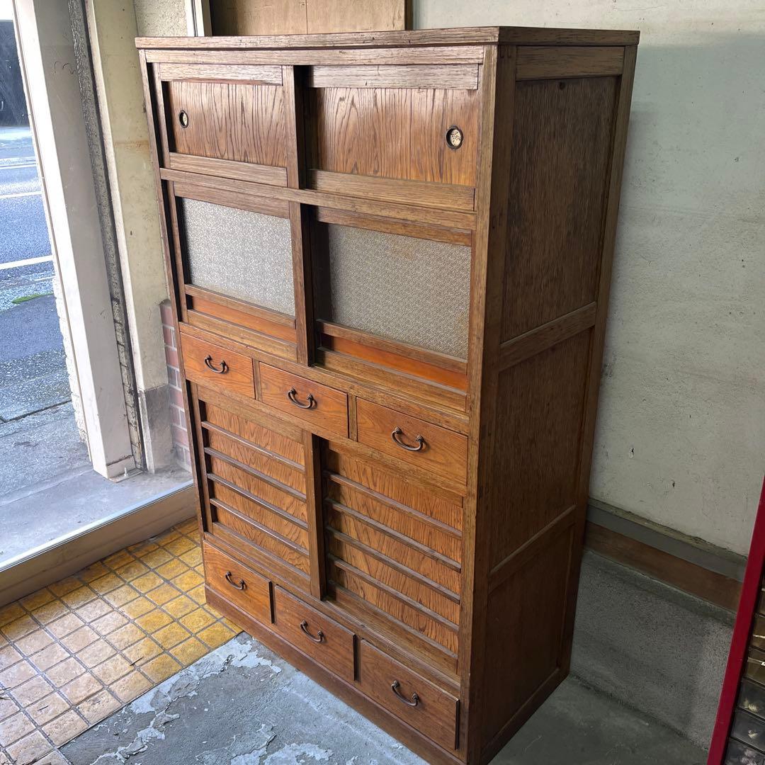 水屋箪笥 昭和初期 ガラス扉 キャビネット 引き出し三杯