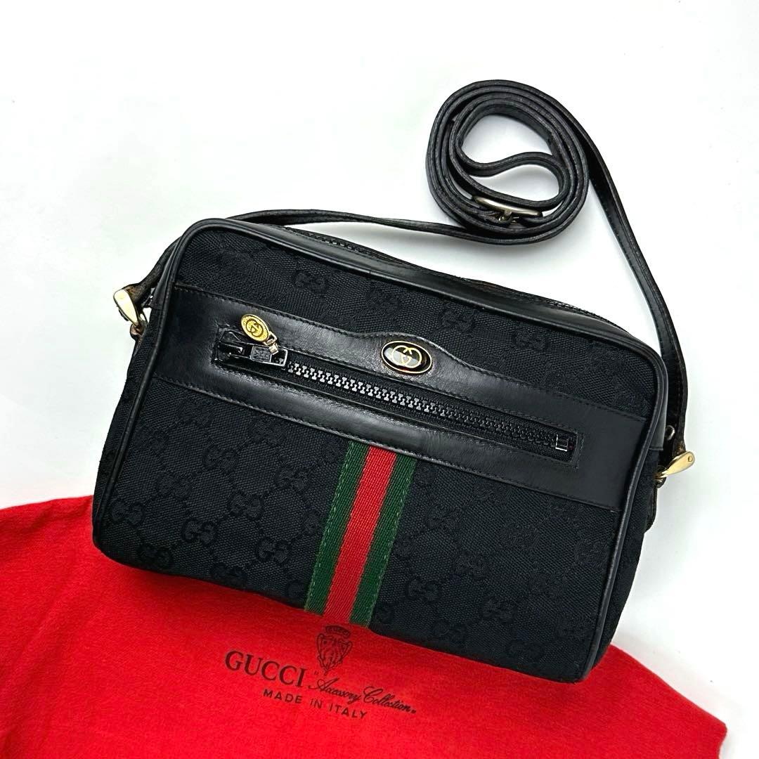 美品■グッチ ショルダーバッグ シェリーライン GGキャンバス クロスボディ 黒