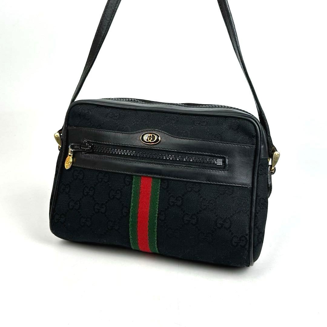 美品■グッチ ショルダーバッグ シェリーライン GGキャンバス クロスボディ 黒