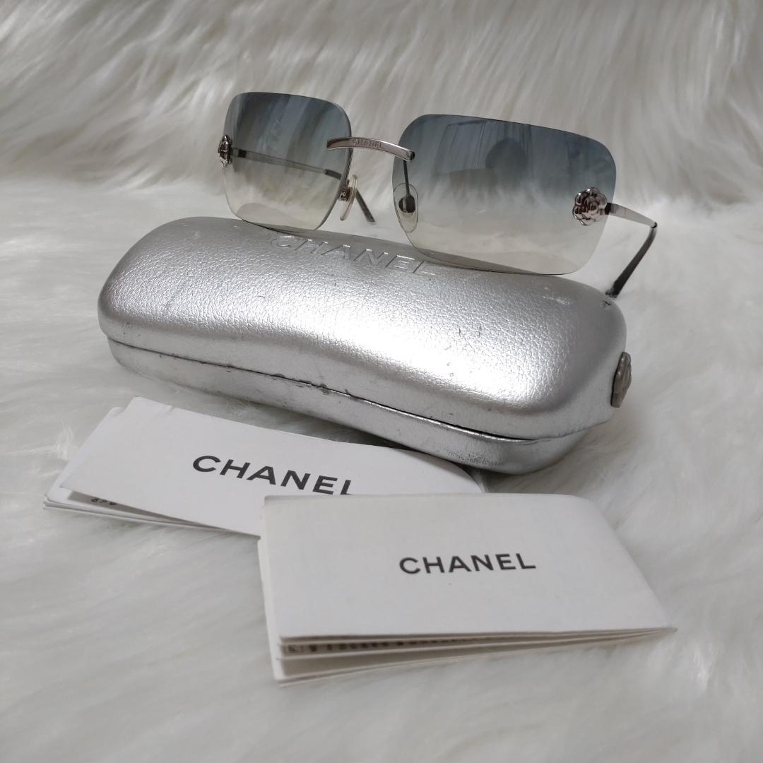 極美品✨CHANEL シャネル サングラス カメリア リムレス ブルー 保存箱