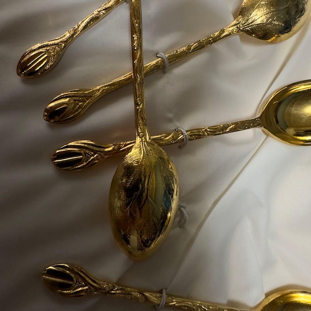 24金メッキ ティースプーン 6本　葉の模様　アンティーク