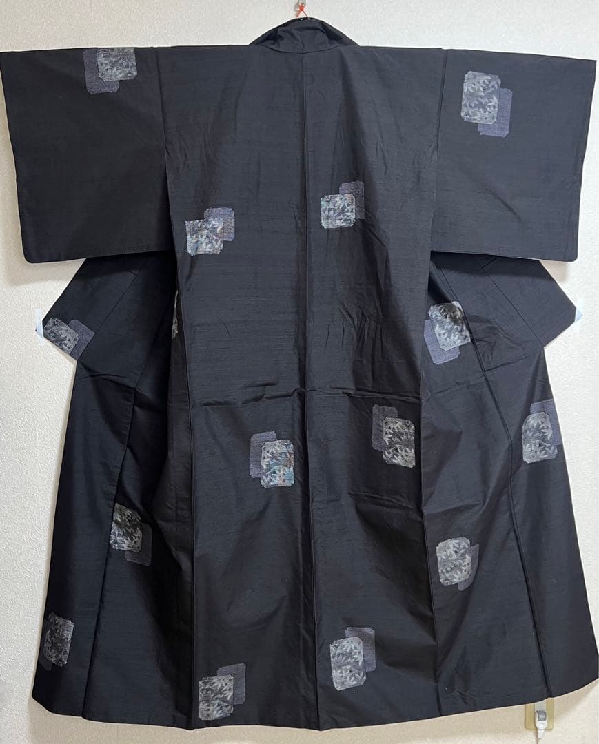 rk-1138 紬 名古屋帯 2点セット 幾何学に葉文様 正絹 黒