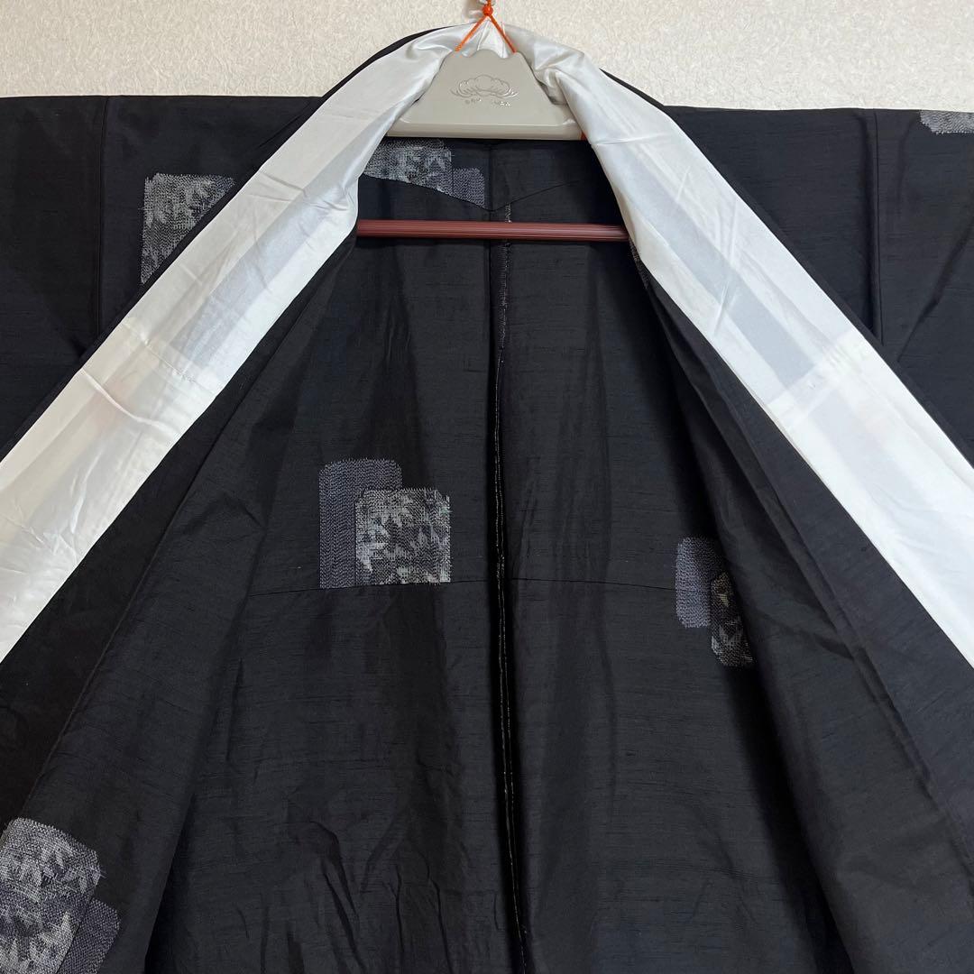 rk-1138 紬 名古屋帯 2点セット 幾何学に葉文様 正絹 黒