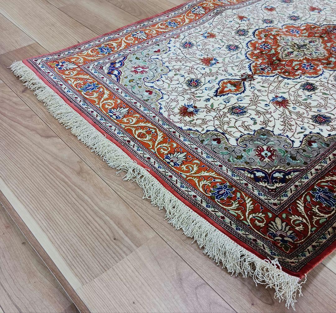 Y3292 高級ペルシャ絨毯 クム産 工房サイン シルク100% 手織り