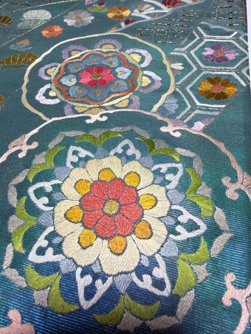 高級 袋帯 正絹 六通柄 汕頭刺繍 蘇州刺繍 メタリックブルー カラー芯