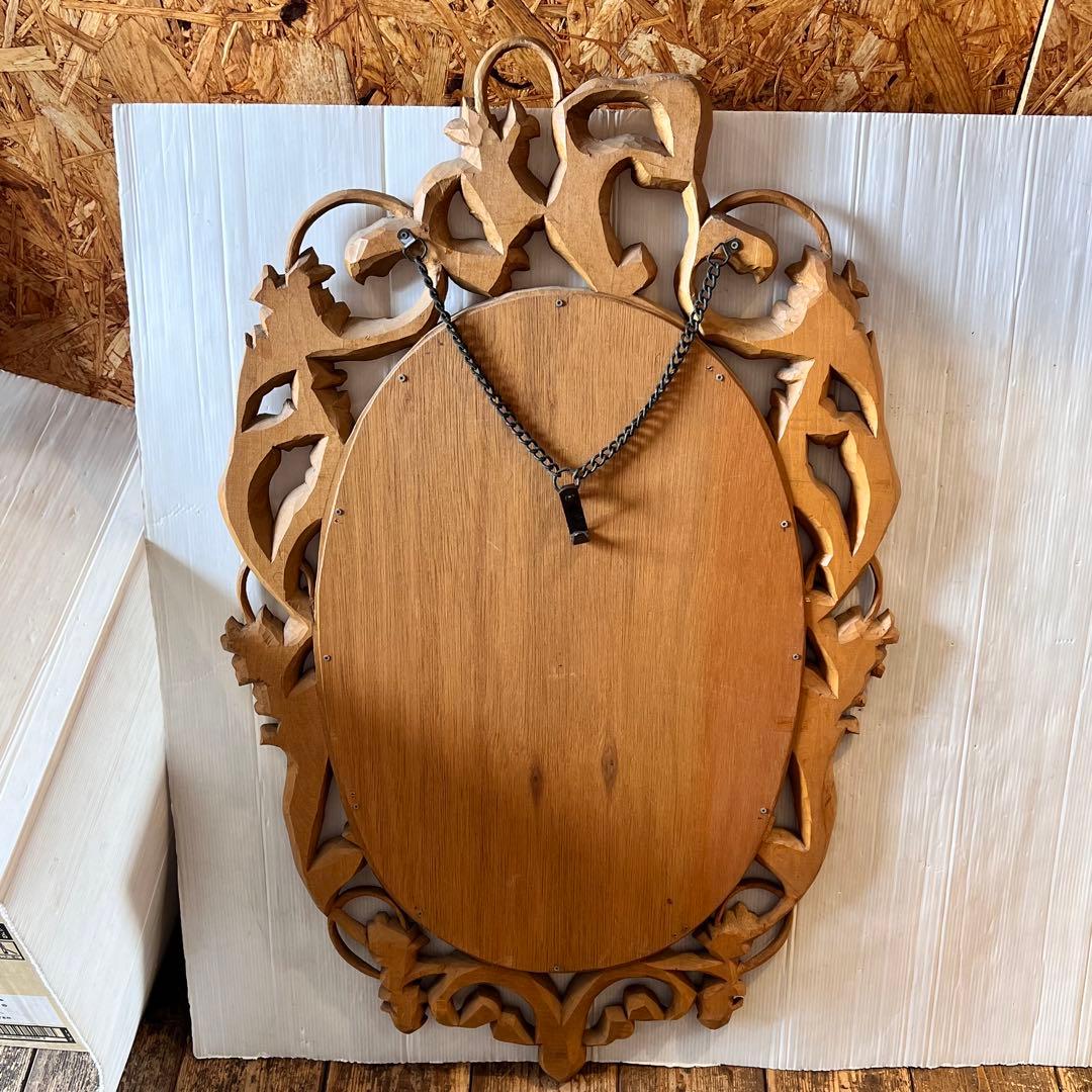 アンティーク　木彫り　掛鏡 花柄　インテリア　レトロ　大きいサイズ　壁掛け