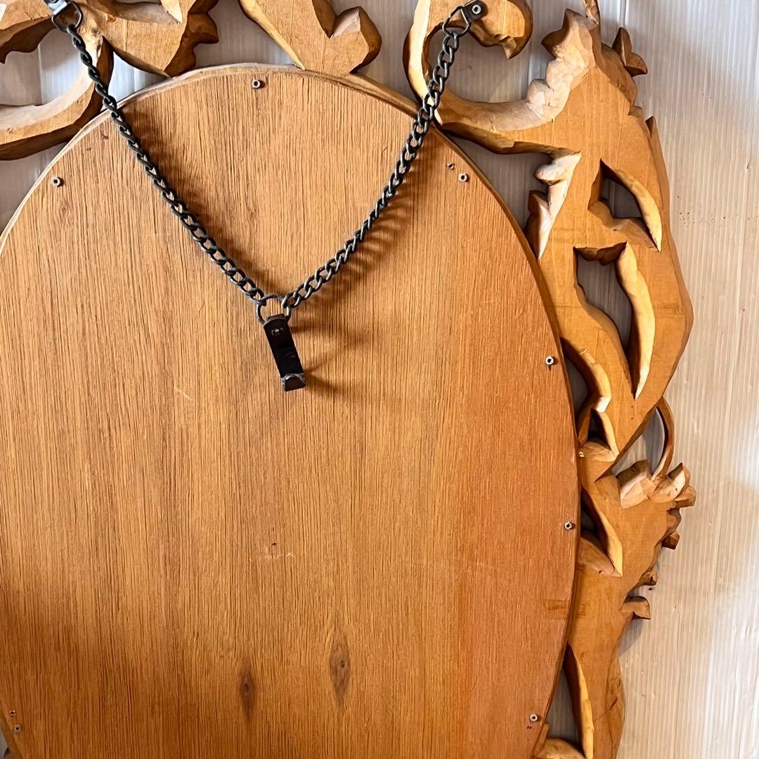 アンティーク　木彫り　掛鏡 花柄　インテリア　レトロ　大きいサイズ　壁掛け