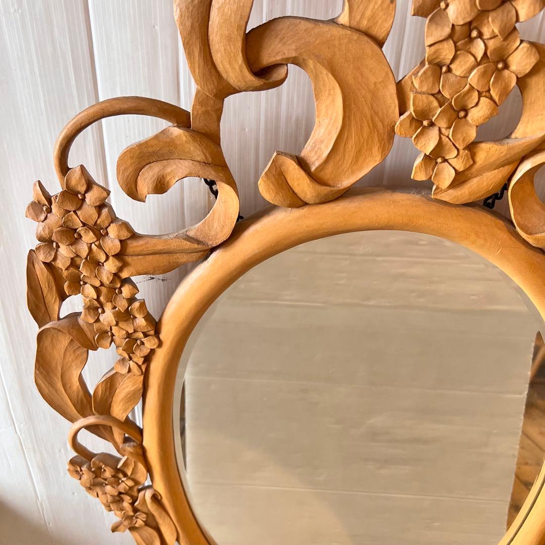 アンティーク　木彫り　掛鏡 花柄　インテリア　レトロ　大きいサイズ　壁掛け