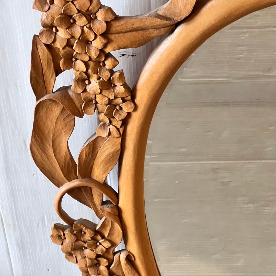 アンティーク　木彫り　掛鏡 花柄　インテリア　レトロ　大きいサイズ　壁掛け