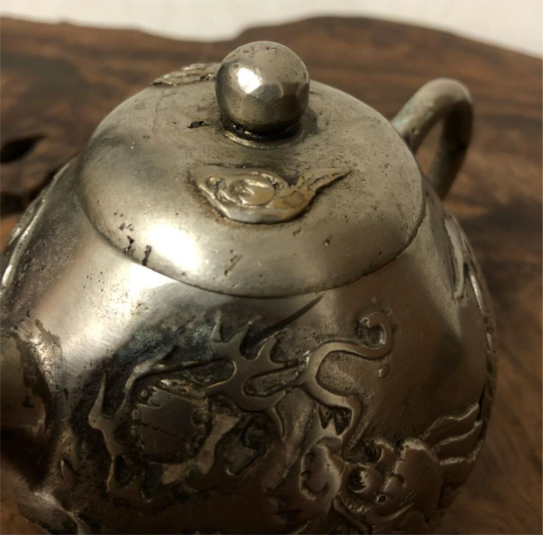 中国美術 古白銅 急須 五本爪龍遊刻 436㌘
