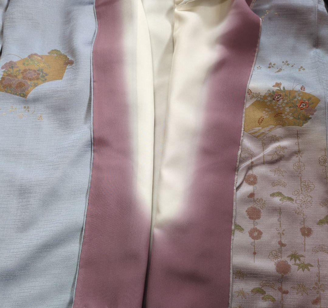 正絹　訪問着セット 薄青色　薄紫　ピンク 手刺繍　桔梗　 花柄 重ね衿付　帯付き