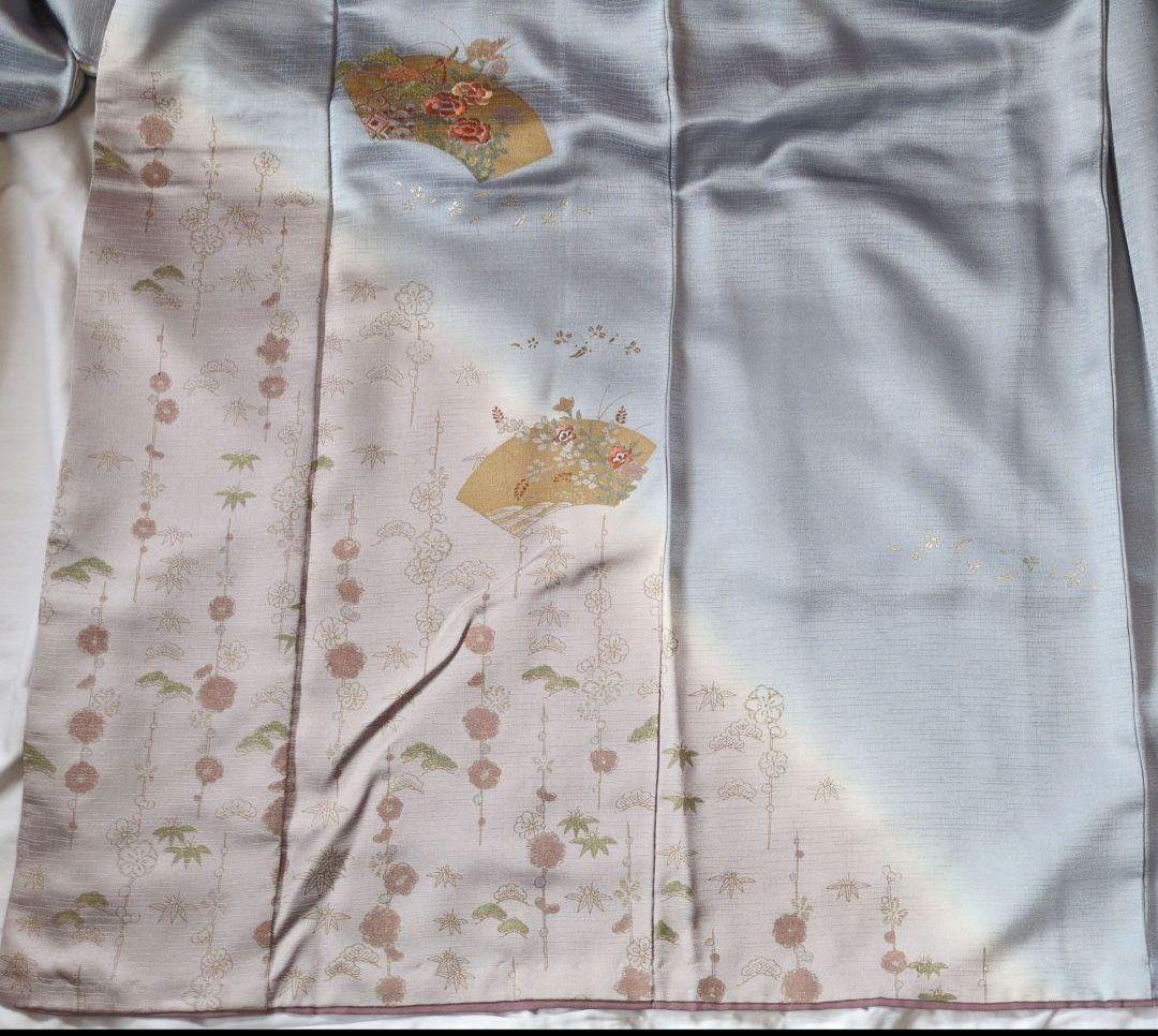 正絹　訪問着セット 薄青色　薄紫　ピンク 手刺繍　桔梗　 花柄 重ね衿付　帯付き