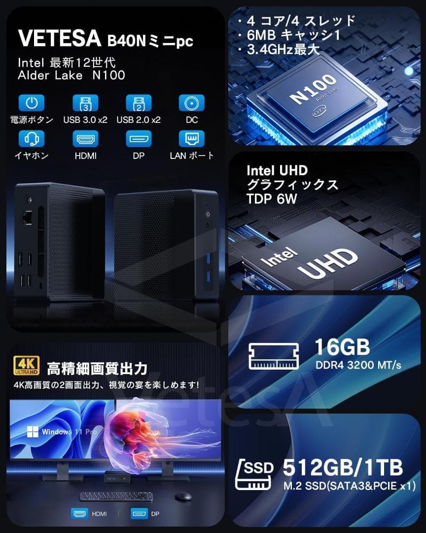 新品 ミニpc n100 小型pc 16GB 512GSSD ミニパソコン②