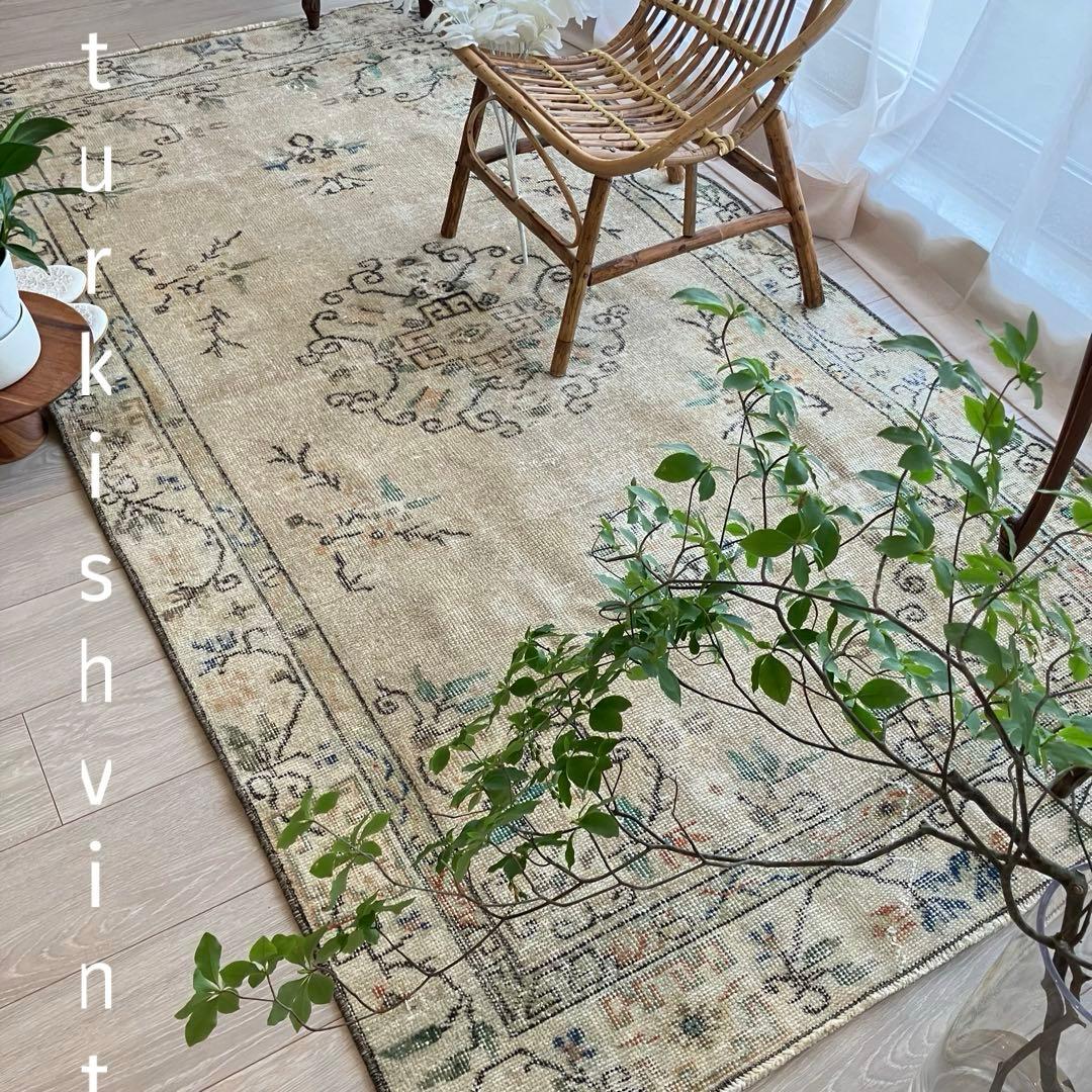 シノワズリ✳︎109×200ロイヤルミルクティー　グリーン　トルコヴィンテージラグ